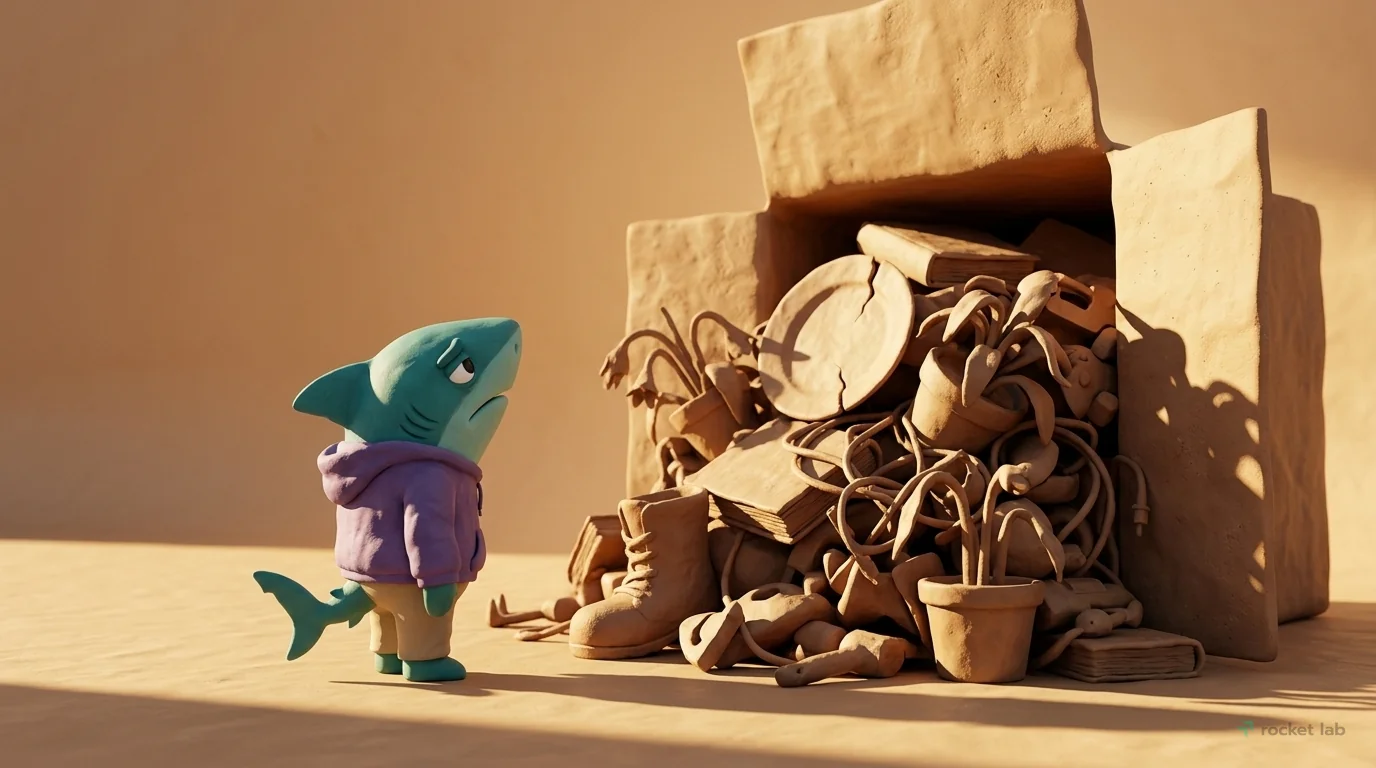 This scene uses scale contrast to show customer disappointment. A small, dejected teal shark character stands before a massive, opened clay mystery box. A huge, chaotic pile of undesirable clay junk: