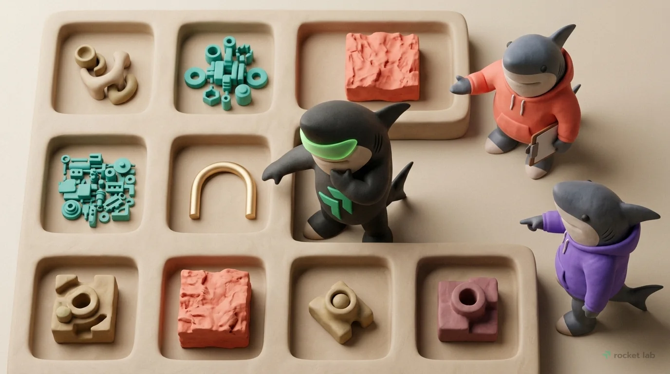 Viewed from directly above, a scene shows a large, beige clay grid with nine square slots. Each slot contains a different, abstract miniature tool representing a software choice. One is a complex asse