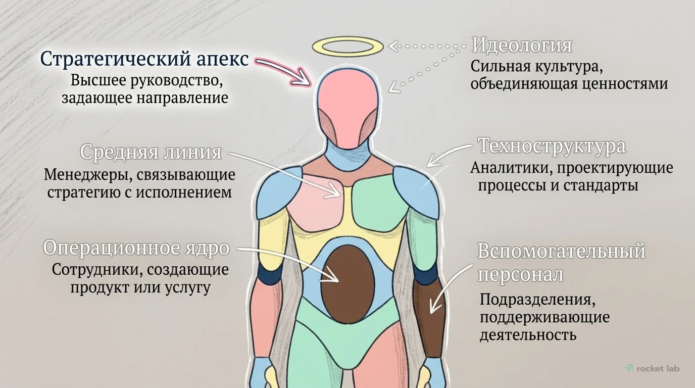 Анатомия организации по Минцбергу: 5 частей и Идеология