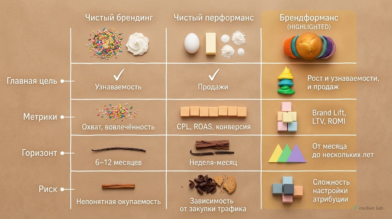 Сравнение брендинга, перформанса и брендформанса