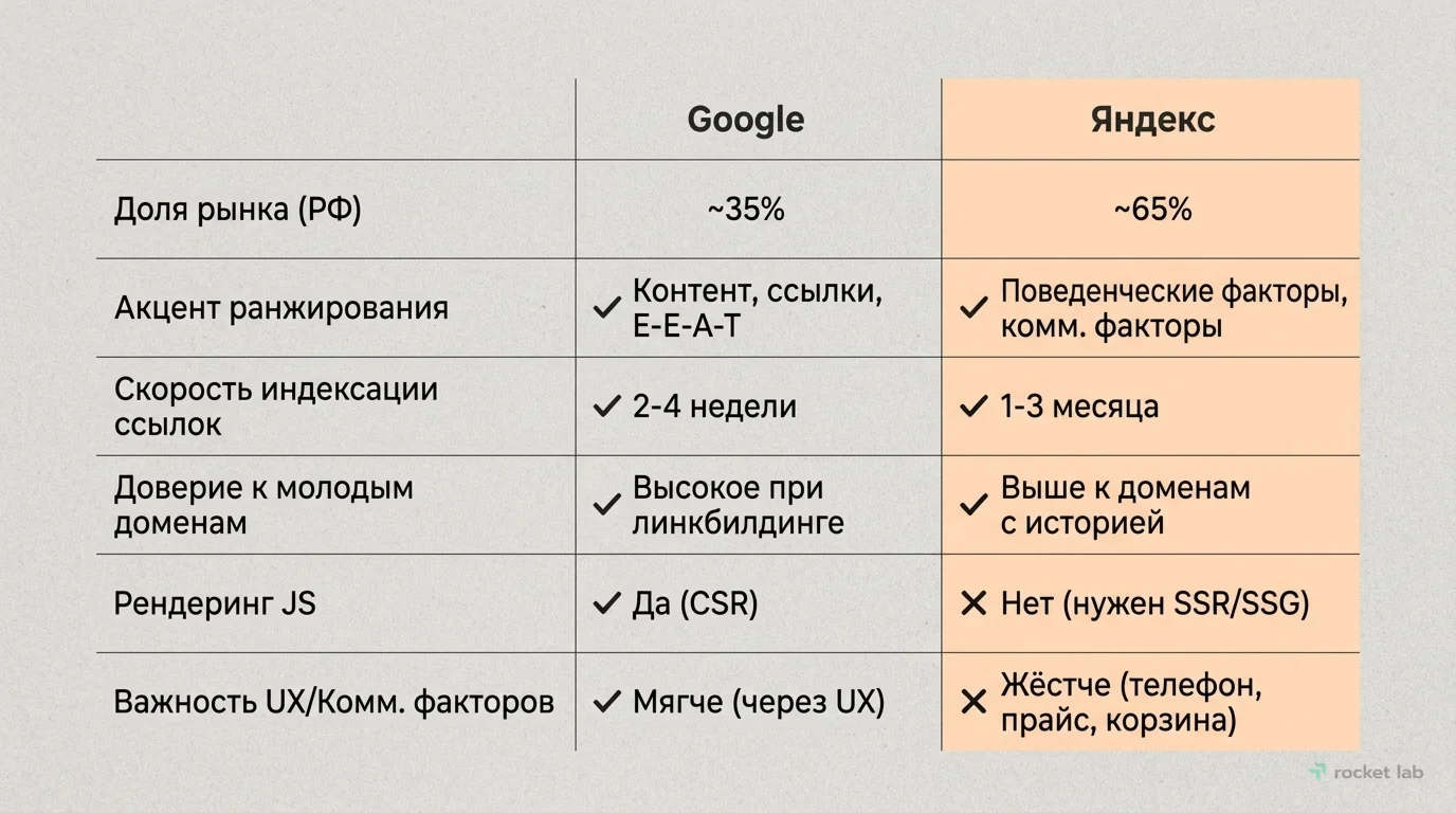 Сравнение факторов ранжирования Google и Яндекса (2024)