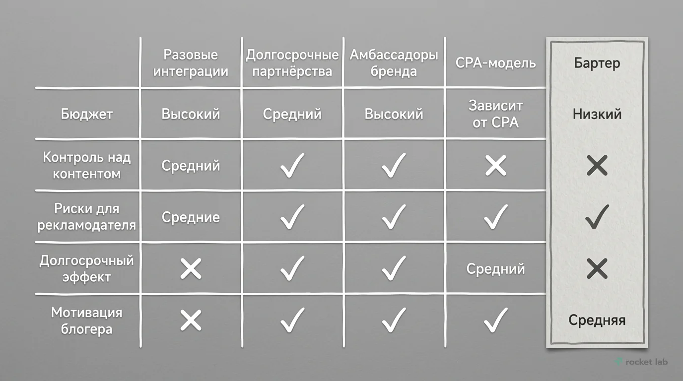 Сравнение форматов сотрудничества с инфлюенсерами