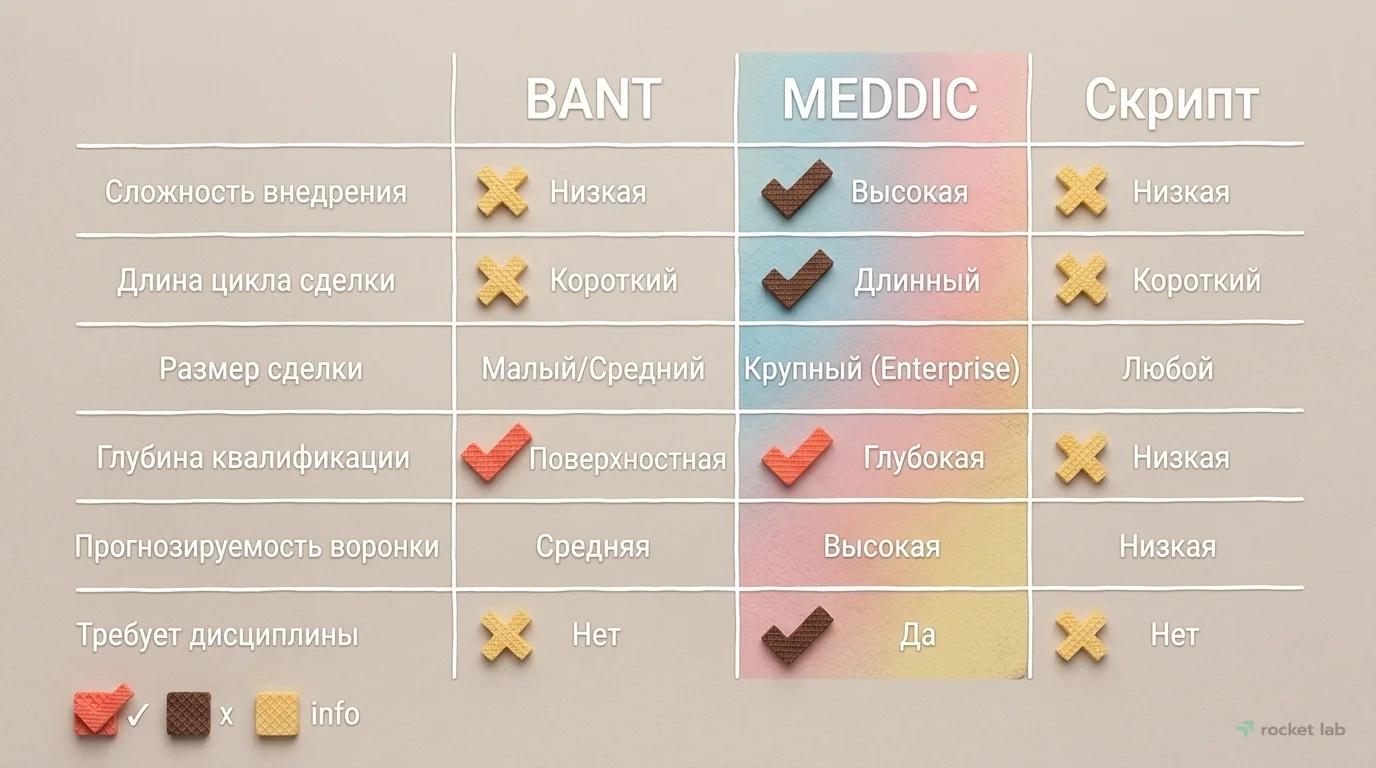 Сравнение фреймворков квалификации BANT, MEDDIC и скриптов