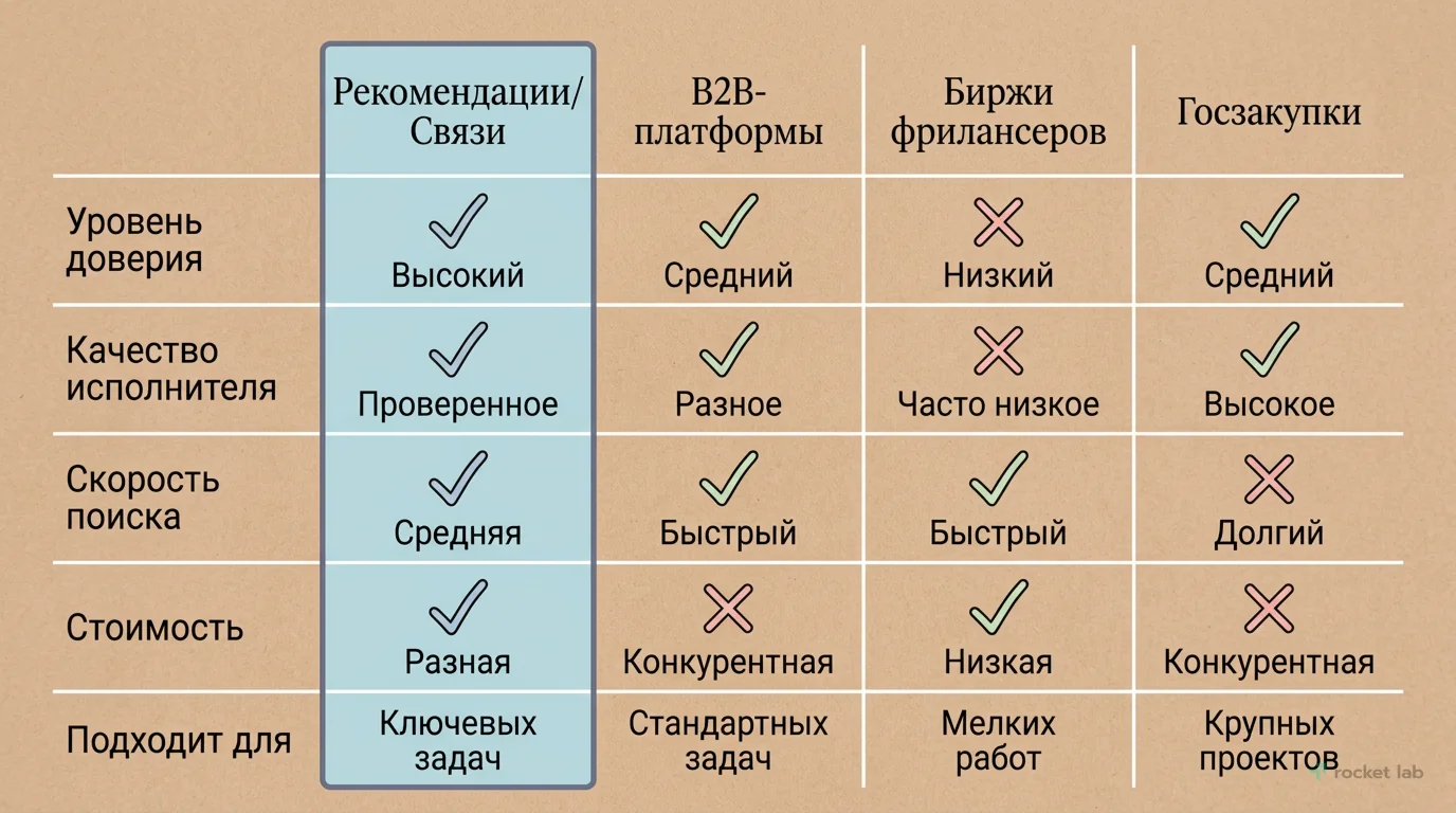 Сравнение каналов поиска субподрядчиков