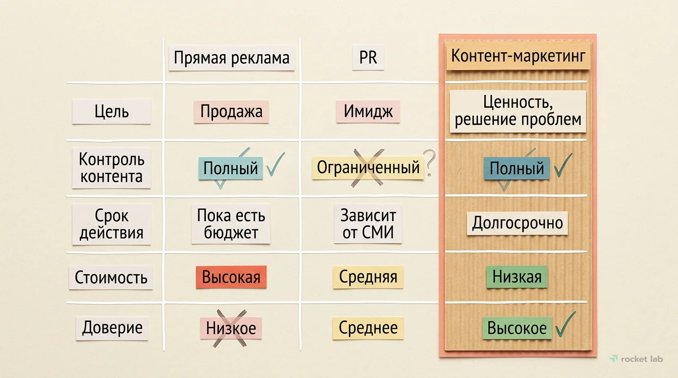 Сравнение контент-маркетинга, рекламы и PR