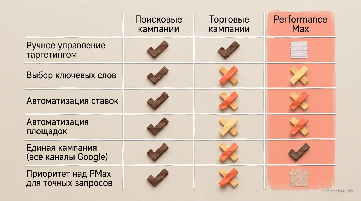 Сравнение Performance Max с другими типами кампаний Google Ads