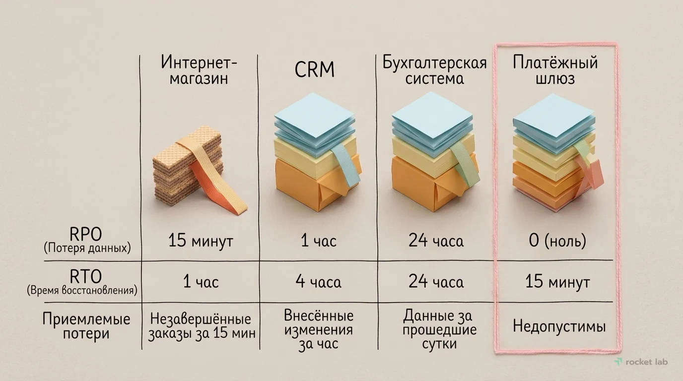 Сравнение RPO и RTO для различных систем