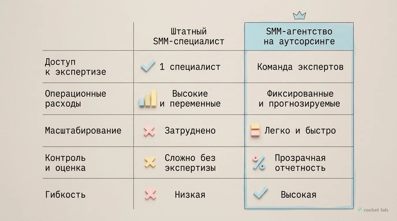 Сравнение штатного SMM-специалиста и SMM-агентства на аутсорсинге