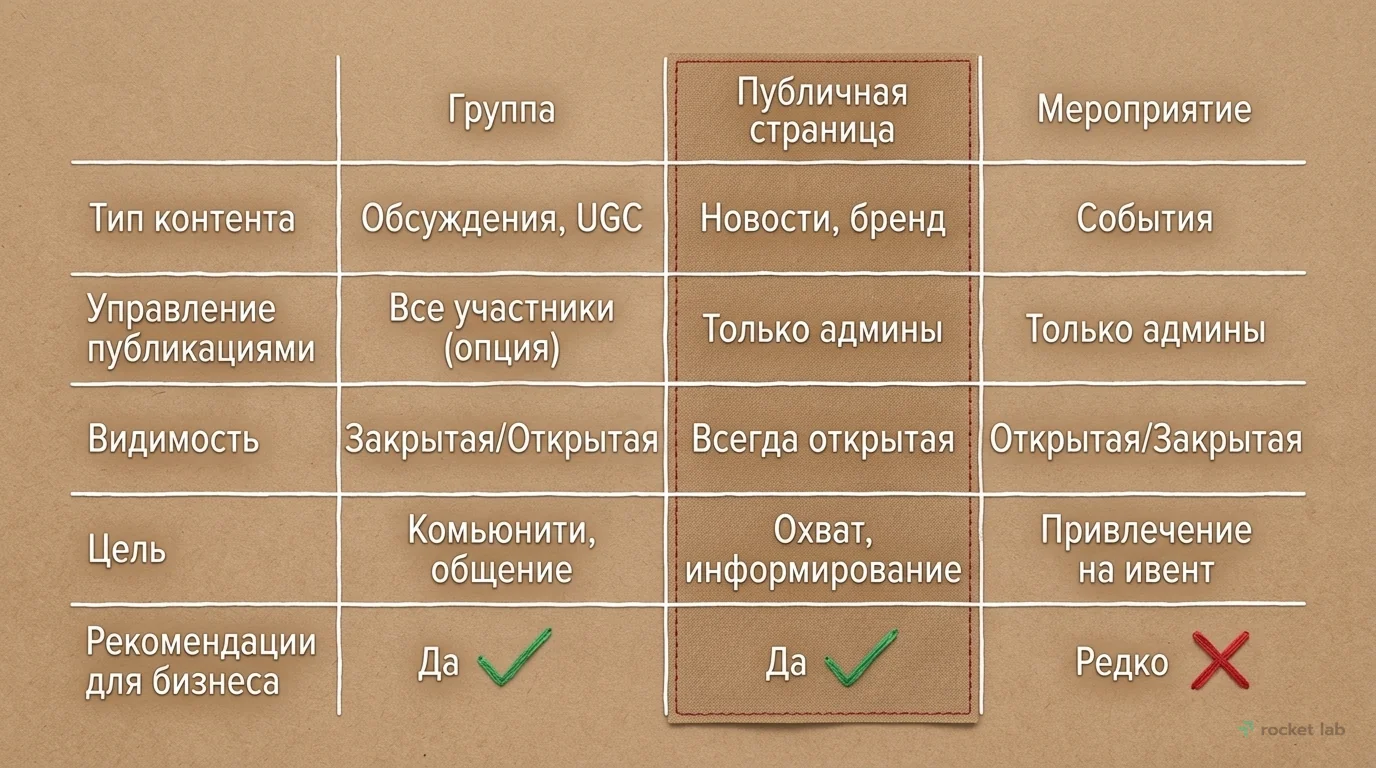 Сравнение типов сообществ ВКонтакте