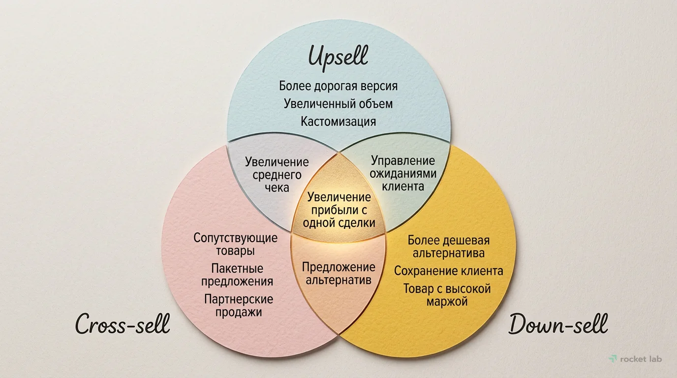 Сравнение Upsell, Cross-sell и Down-sell