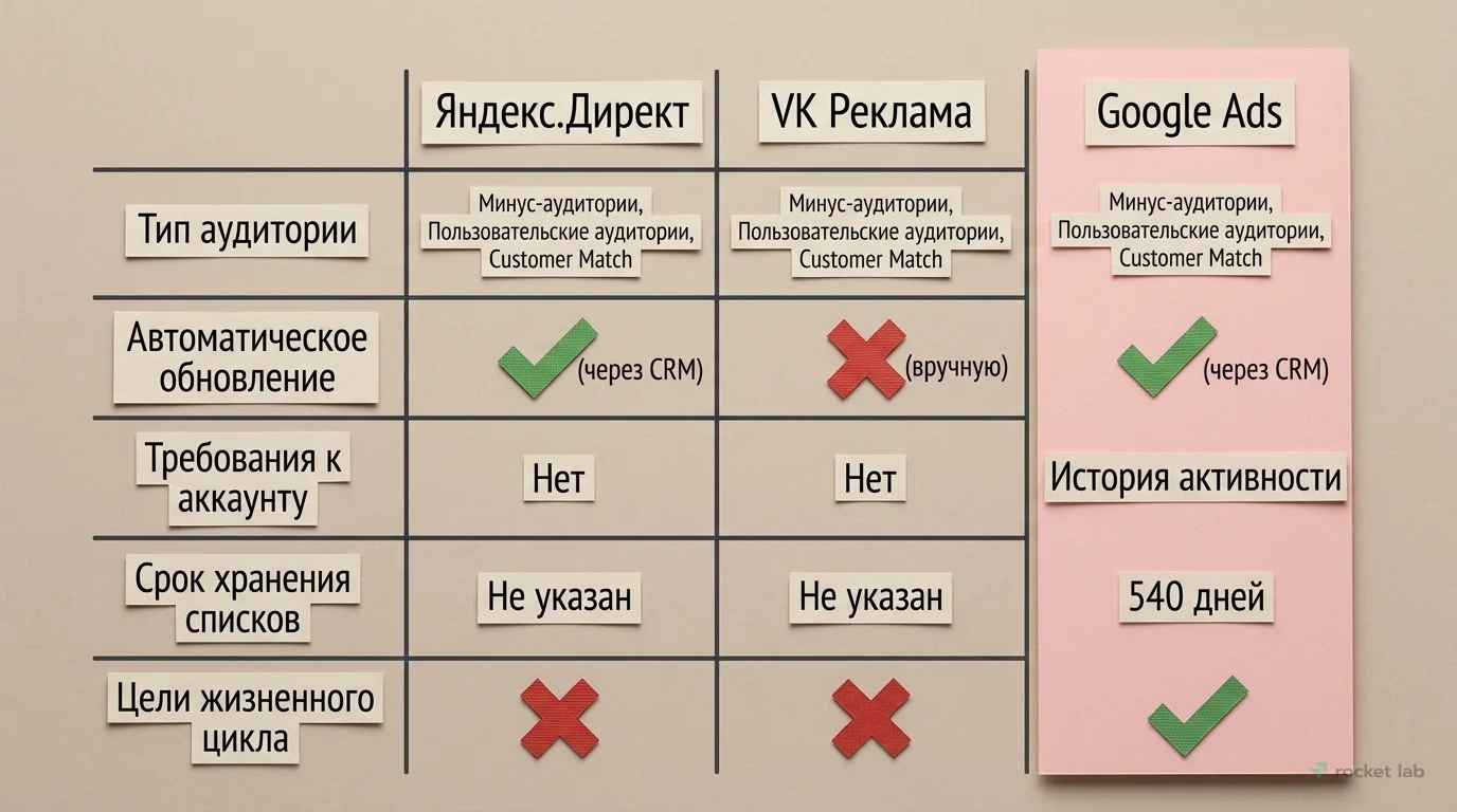 Сравнение возможностей рекламных платформ для исключения клиентов