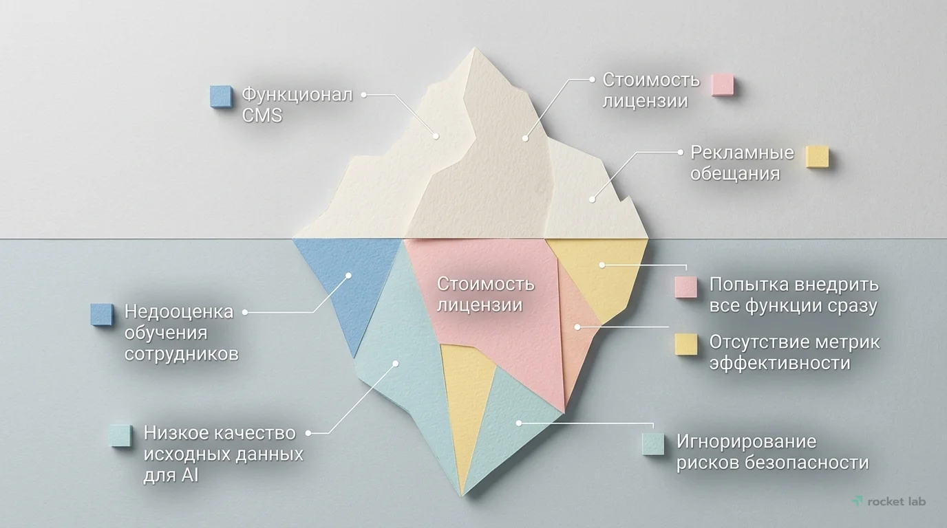 Типичные ошибки при внедрении AI в CMS (модель айсберга)