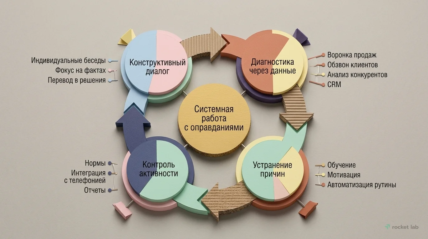 Цикл системной работы с оправданиями менеджеров