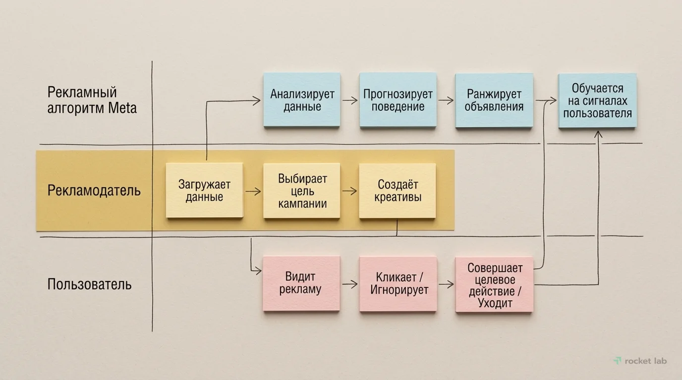 Взаимодействие алгоритма Meta, рекламодателя и пользователя