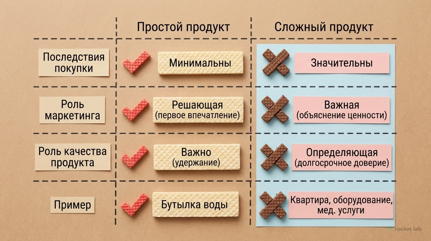 Зависимость значимости продукта и маркетинга от сложности продукта